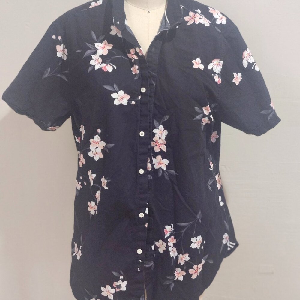 Denim and Flower Mens button down short sleeve shirt size L